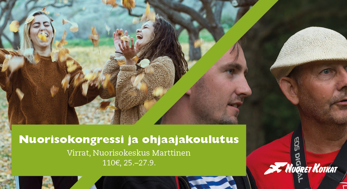 Iloisia nuoria lehtisateessa ja aikuinen ohjaaja, päällä teksti "Nuorisokongressi ja ohjaajakoulutus, Virrat, Nuorisokeskus Marttinen, 110 €, 25.-27.9."