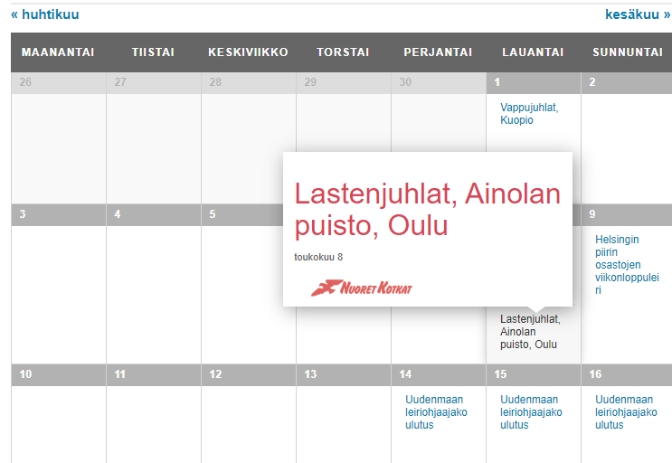 Tapahtumakalenteri avattuna Oulun lastenjuhlien kohdalta