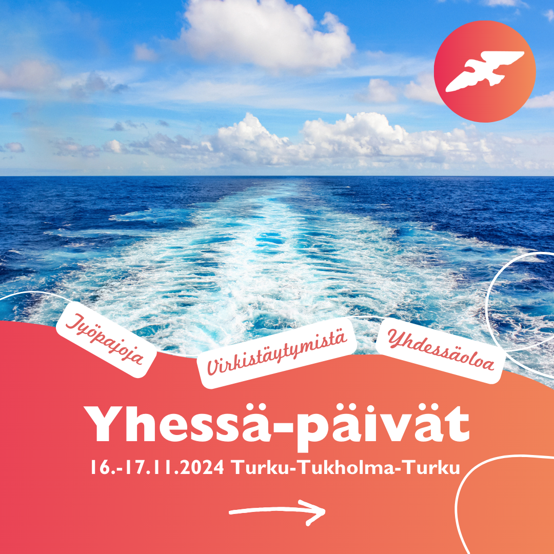 Kuva merestä ja oranssilla taustalla valkoinen teksti "Yhessä-päivät 16.-17.11.2024 Turku-Tukholma-Turku"